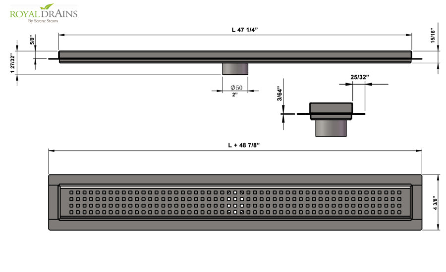 47 Inch Linear Shower Drain, Brushed Finish Traditional Square Design, SereneDrains