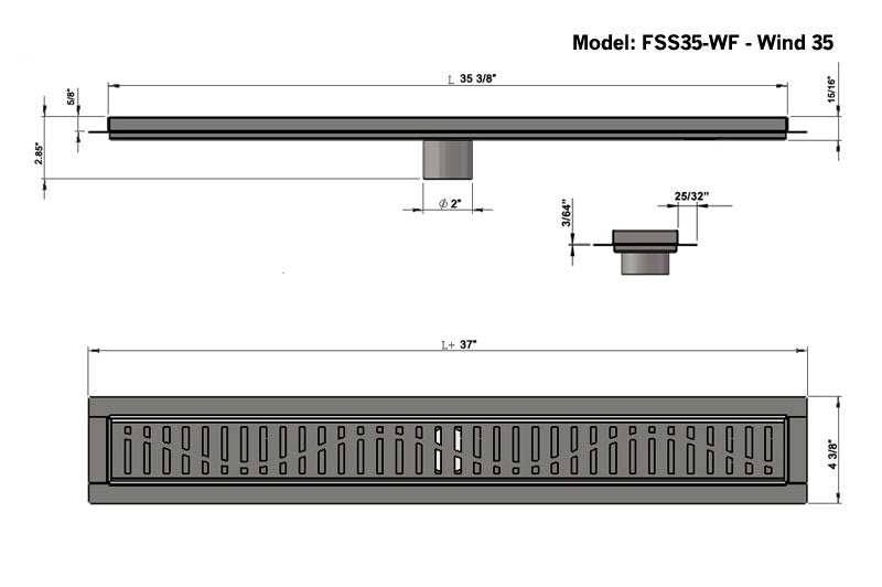 35 Inch Linear Shower Drain Brushed Finish Wind Design SereneDrains