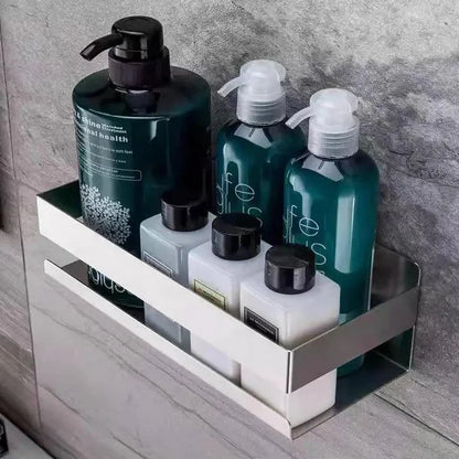 No Drill Shower Caddy, Stainless Steel Adhesive Shower Shelf with Two Hooks