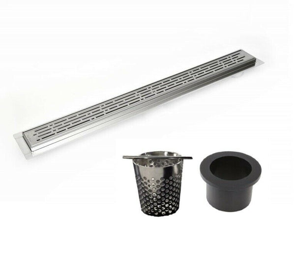 30 Inch Side Outlet Linear Shower Drain, Square Fitting PVC Hair Trap Set, SereneDrains