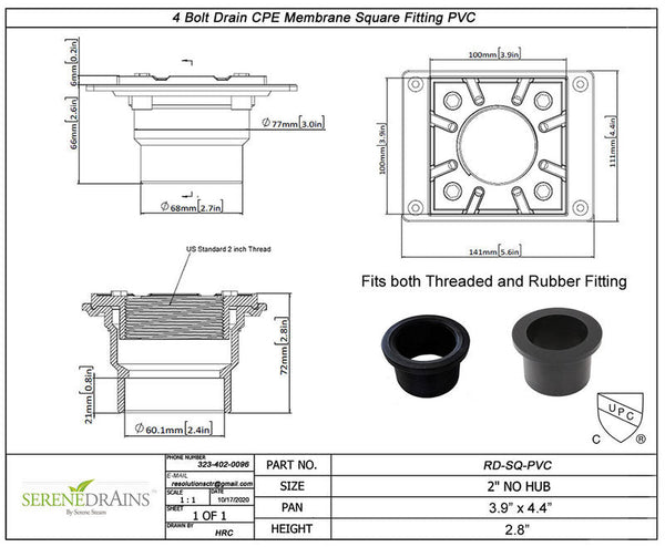 24 Inch Side Outlet Linear Shower Drain, Square Fitting PVC Hair Trap Set, SereneDrains