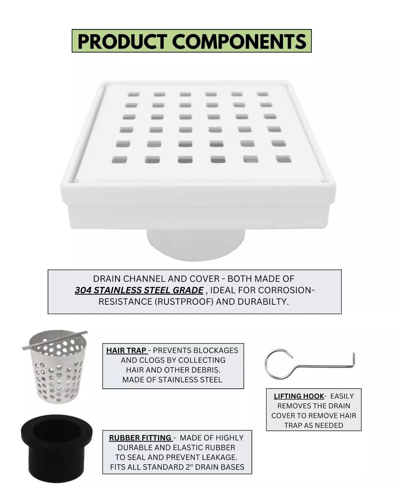 4 Inch Matte White Square Shower Drain Kit with Hair Trap and Base Flange – Traditional Square Design
