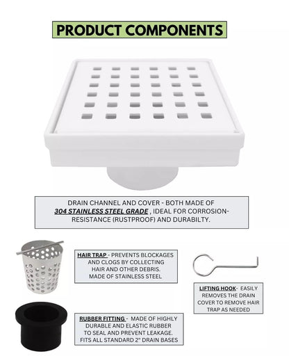 4 Inch Matte White Square Shower Drain Kit with Hair Trap and Base Flange – Traditional Square Design