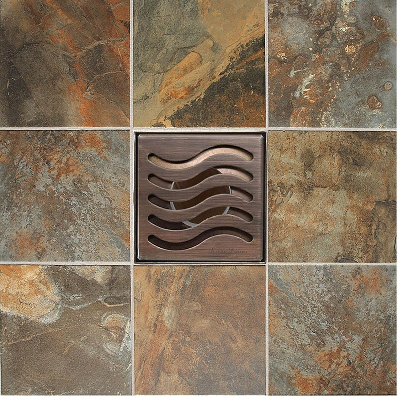 4 Inch Oil-Rubbed Bronze Square Shower Drain Kit with Hair Trap and Base Flange – Ocean Wave Design