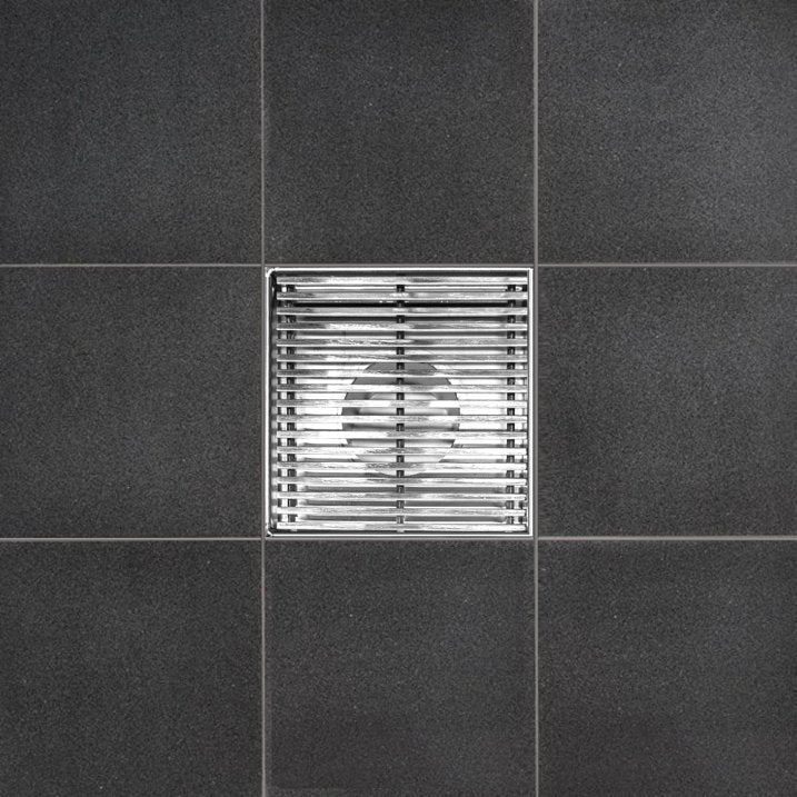 4 Inch Polished Chrome Square Shower Drain Kit with Hair Trap and Base Flange – Linear Wedge Design