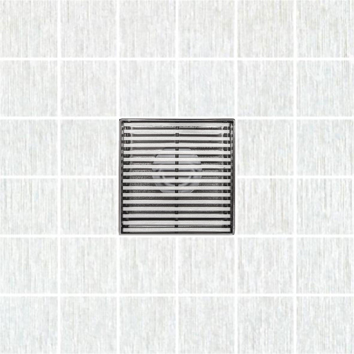 4 Inch Polished Chrome Square Shower Drain Kit with Hair Trap and Base Flange – Linear Wedge Design