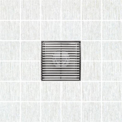 4 Inch Polished Chrome Square Shower Drain Kit with Hair Trap and Base Flange – Linear Wedge Design