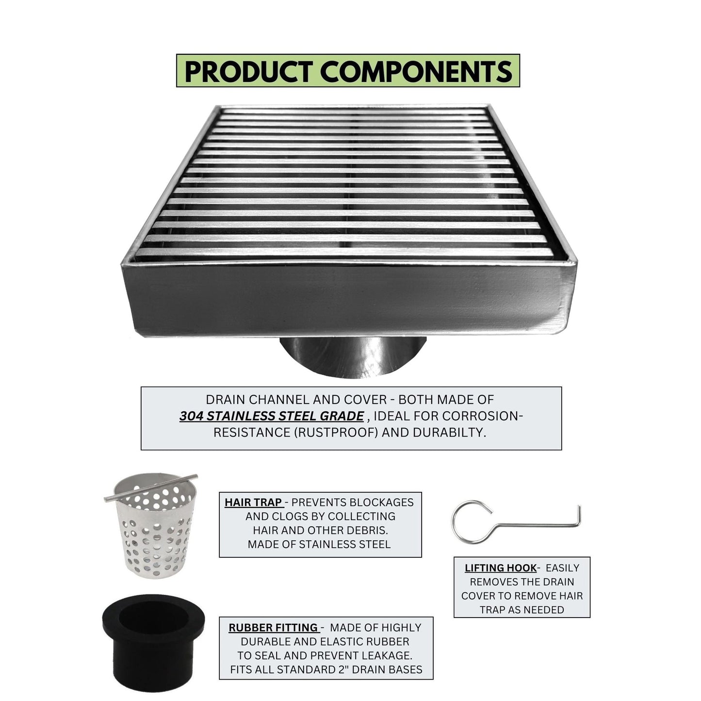 4 Inch Polished Chrome Square Shower Drain Kit with Hair Trap and Base Flange – Linear Wedge Design