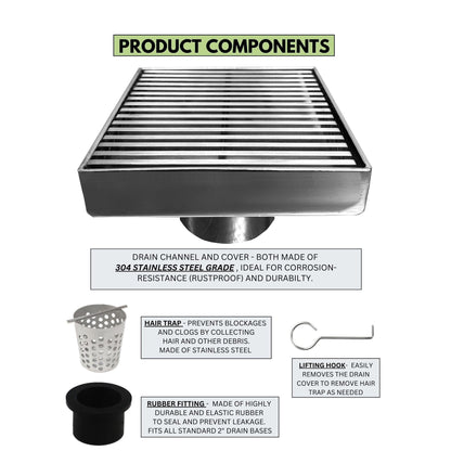 4 Inch Polished Chrome Square Shower Drain Kit with Hair Trap and Base Flange – Linear Wedge Design