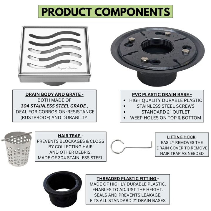 4 Inch Oil-Rubbed Bronze Square Shower Drain Kit with Hair Trap and Base Flange – Ocean Wave Design