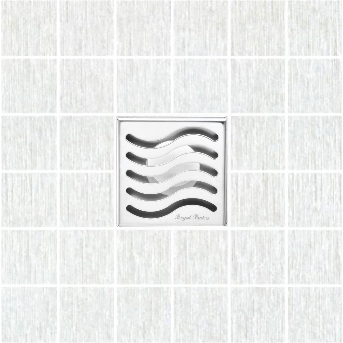 4 Inch Polished Chrome Square Shower Drain Kit with Hair Trap and Base Flange – Ocean Wave Design