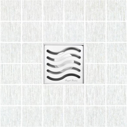 4 Inch Polished Chrome Square Shower Drain Kit with Hair Trap and Base Flange – Ocean Wave Design