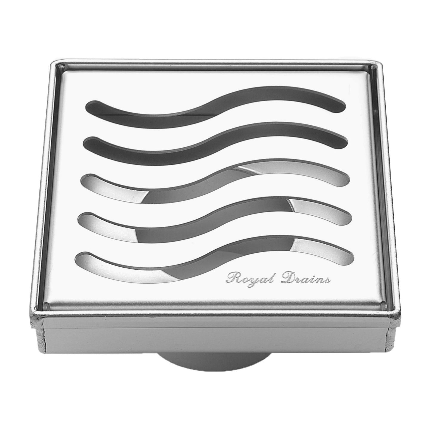 4 Inch Polished Chrome Square Shower Drain Kit with Hair Trap and Base Flange – Ocean Wave Design
