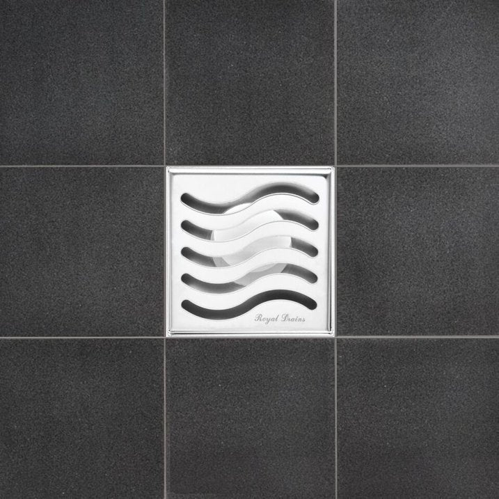 4 Inch Polished Chrome Square Shower Drain Kit with Hair Trap and Base Flange – Ocean Wave Design