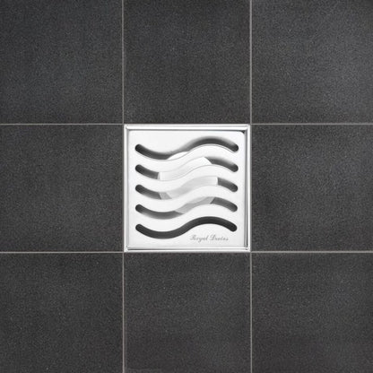 4 Inch Polished Chrome Square Shower Drain Kit with Hair Trap and Base Flange – Ocean Wave Design