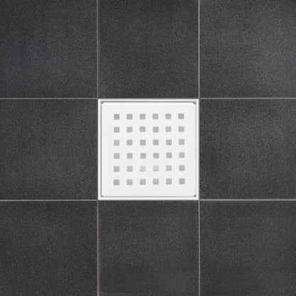 4 Inch Matte White Square Shower Drain Kit with Hair Trap and Base Flange – Traditional Square Design
