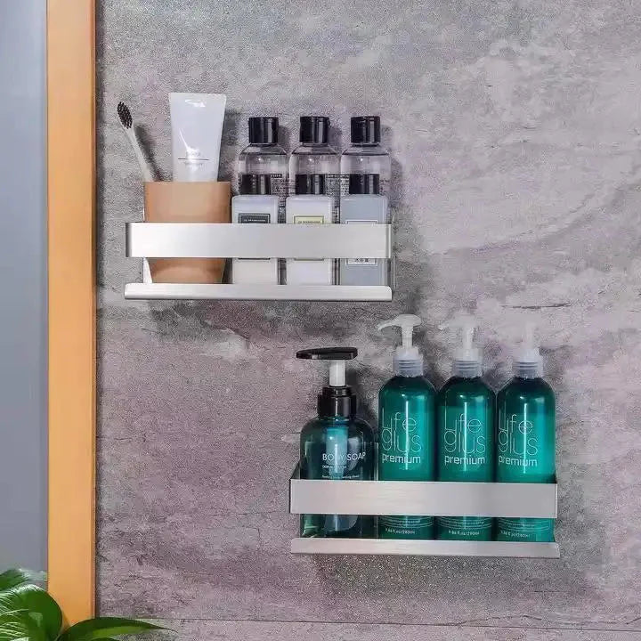 No Drill Shower Caddy, Stainless Steel Adhesive Shower Shelf with Two Hooks