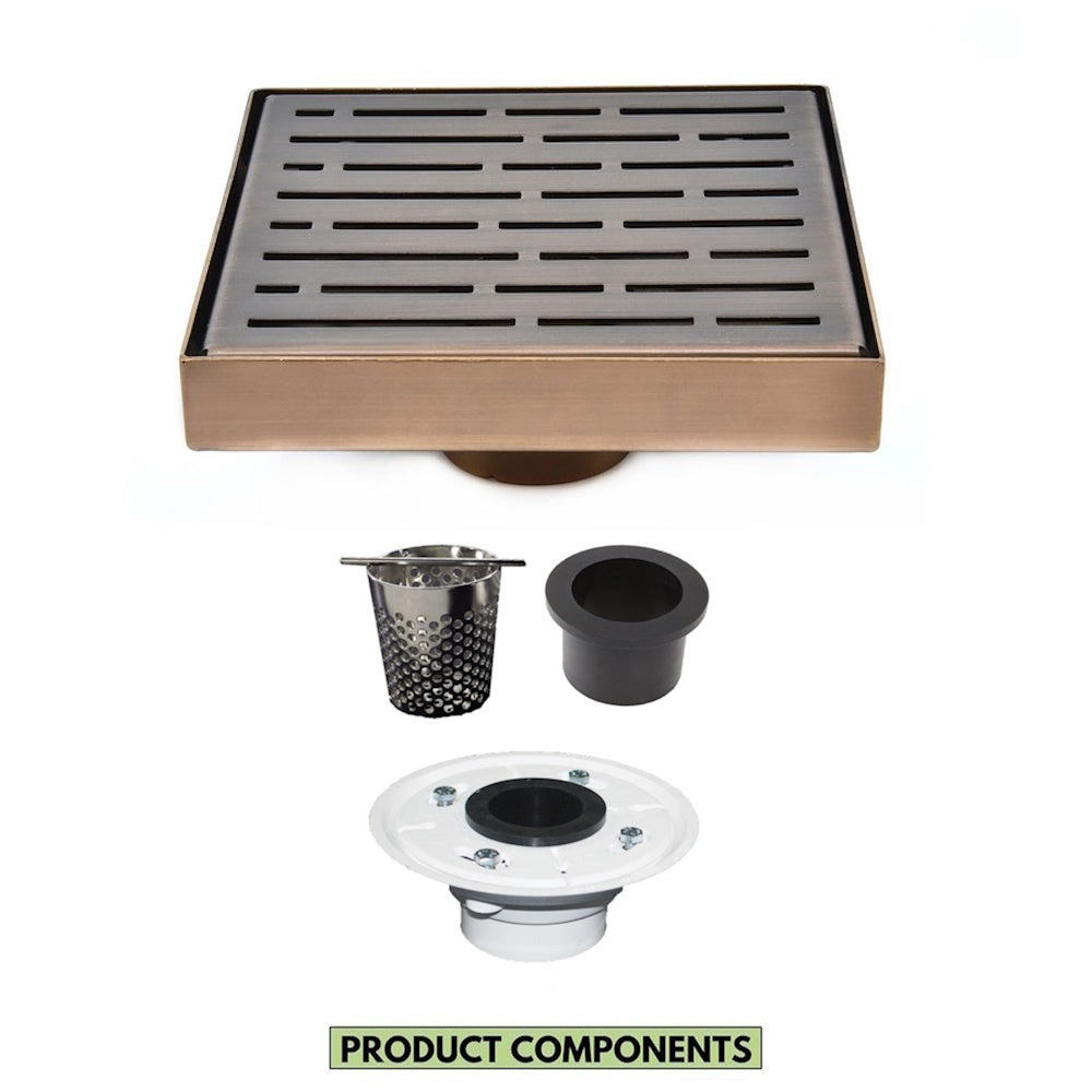6 Inch Bronze Square Shower Drain with Hair Trap and Base Flange Kit – Broken Lane Design