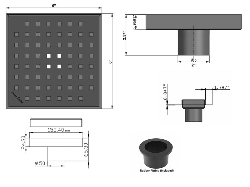 6 Inch Gold Square Shower Drain with Hair Trap and Base Flange Kit – Traditional Square Design