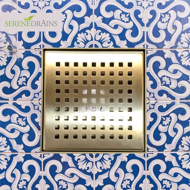 6 Inch Gold Square Shower Drain with Hair Trap and Base Flange Kit – Traditional Square Design