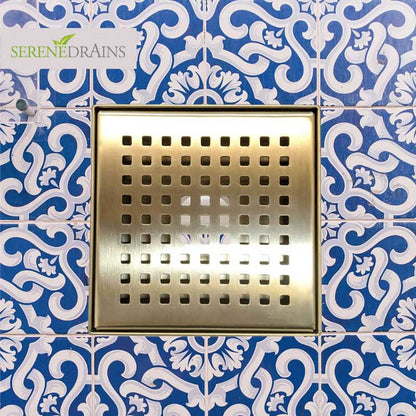 6 Inch Gold Square Shower Drain with Hair Trap and Base Flange Kit – Traditional Square Design