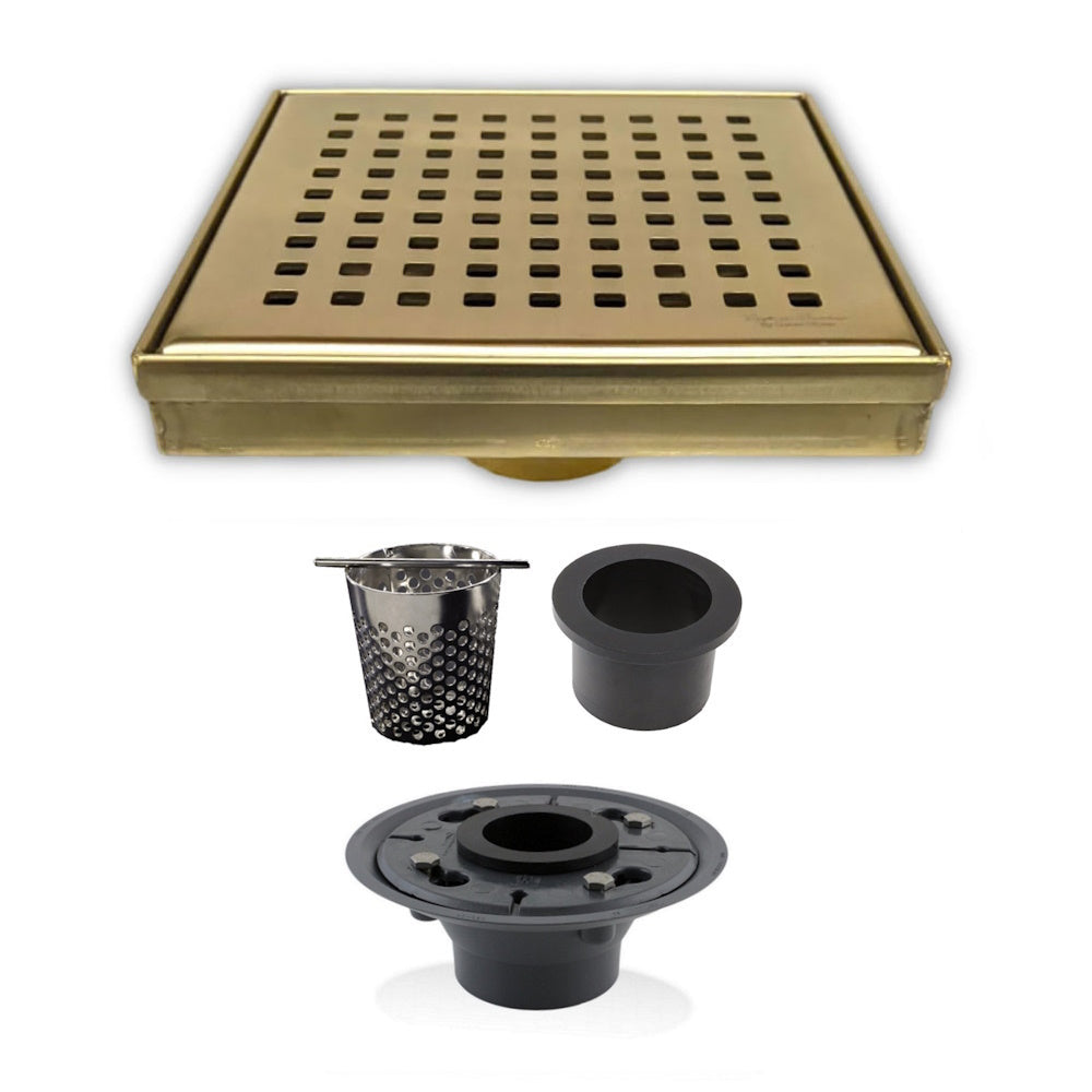 6 Inch Gold Square Shower Drain with Hair Trap and Base Flange Kit – Traditional Square Design