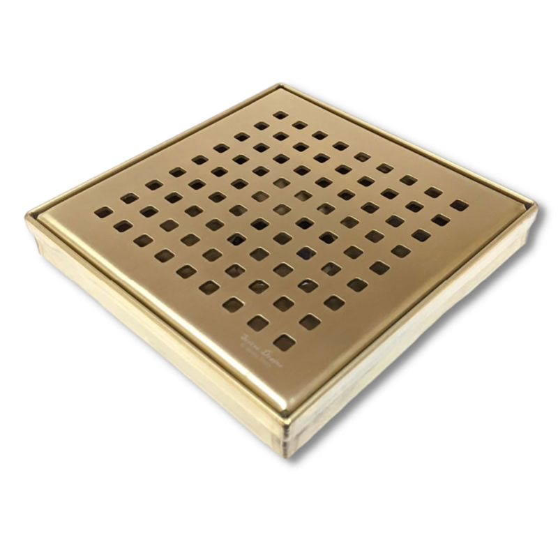 6 Inch Gold Square Shower Drain with Hair Trap and Base Flange Kit – Traditional Square Design