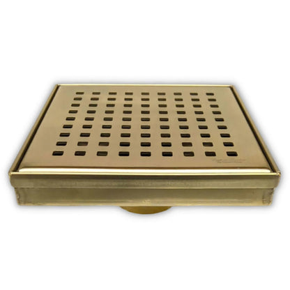 6 Inch Gold Square Shower Drain with Hair Trap and Base Flange Kit – Traditional Square Design