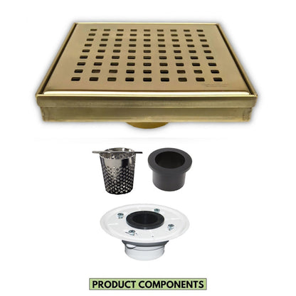 6 Inch Gold Square Shower Drain with Hair Trap and Base Flange Kit – Traditional Square Design