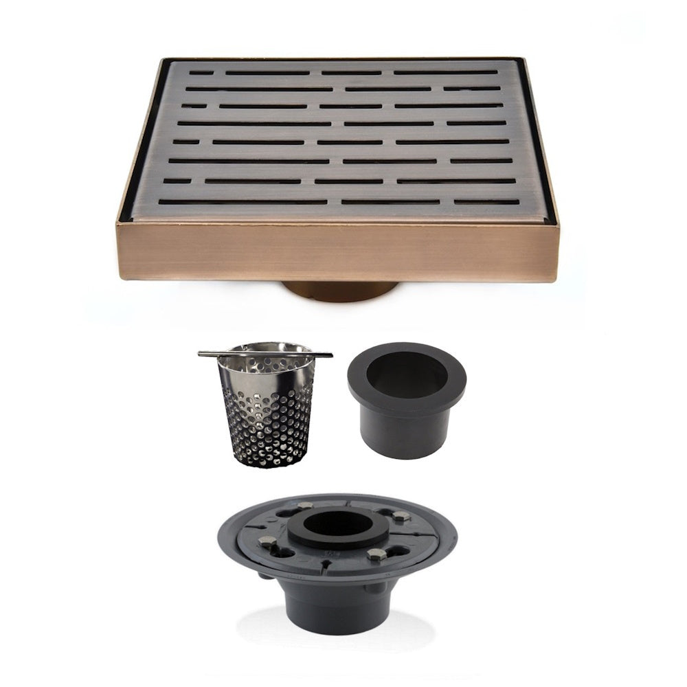 6 Inch Bronze Square Shower Drain with Hair Trap and Base Flange Kit – Broken Lane Design
