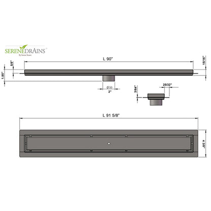 90 Inch Linear Shower Drain Kit with Hair Trap and Flange Base, SereneDrains
