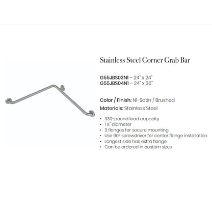 Corner Grab Bar, Two-Wall Grab Bar, Satin Finish – 24" x 24" or 24" x 36"