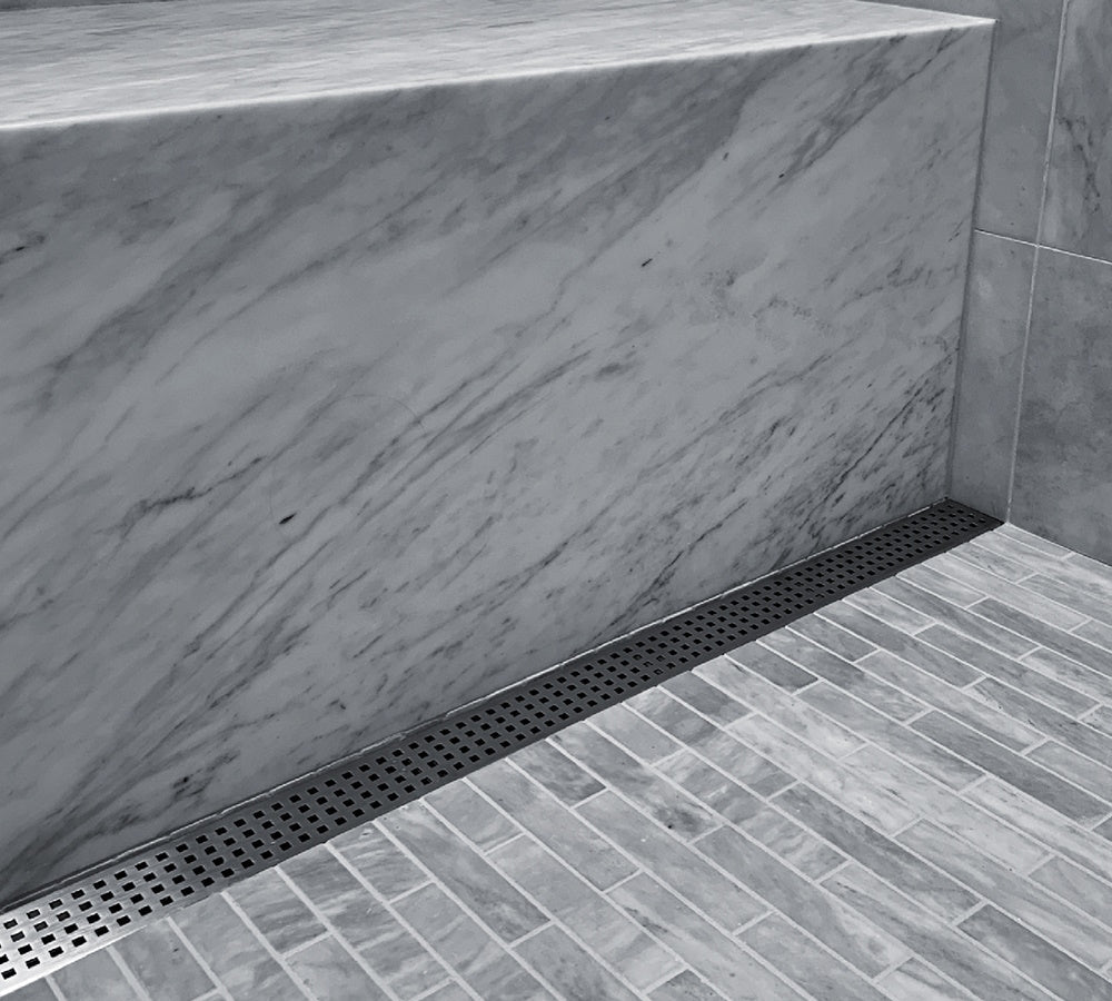 66 Inch Wall-Mounted Linear Drain, Brushed Square Design, Backwall Flange