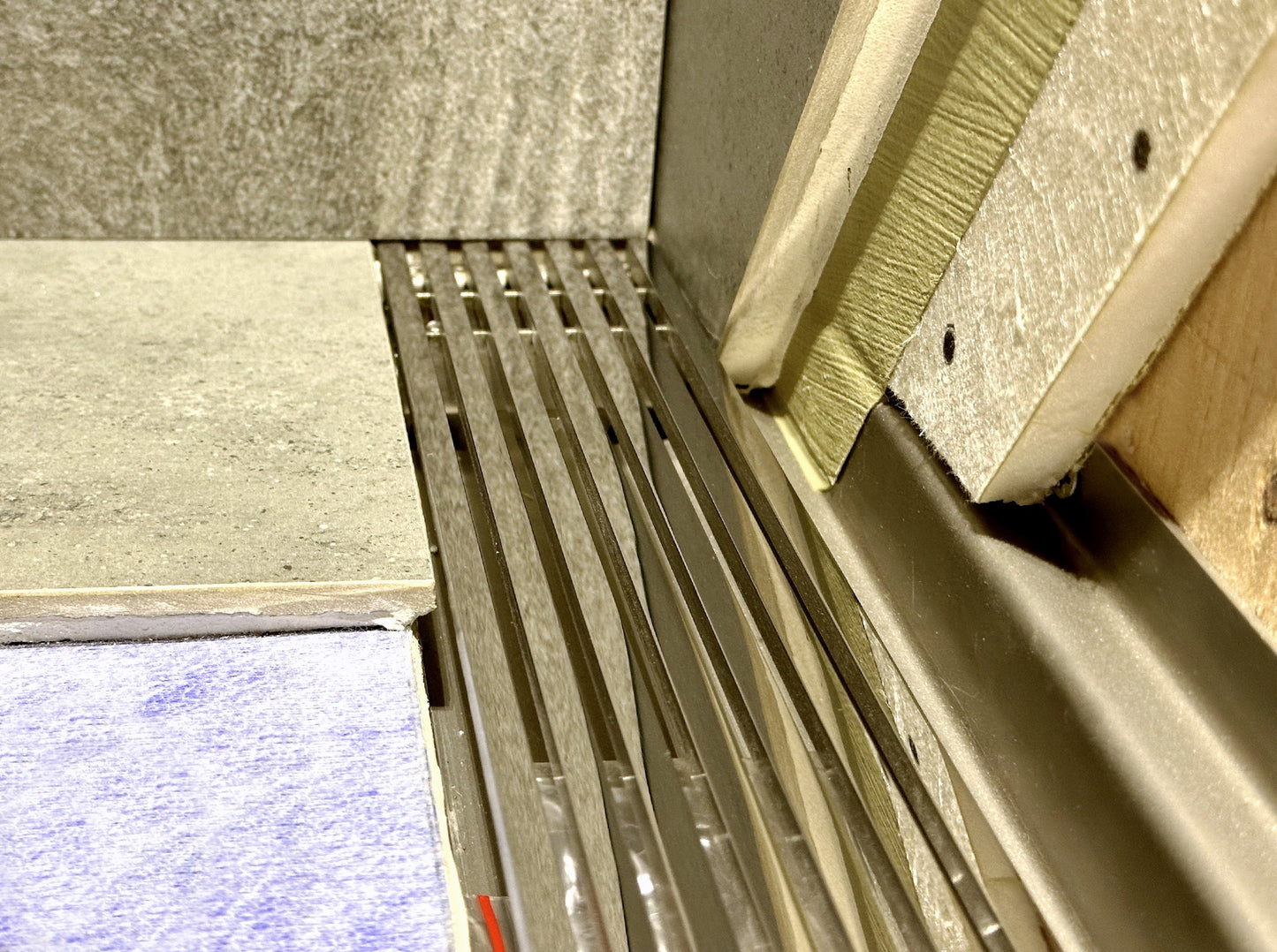 72 Inch Wall-Mount Linear Floor Drain, Brushed Wedgewire, Backwall Flange