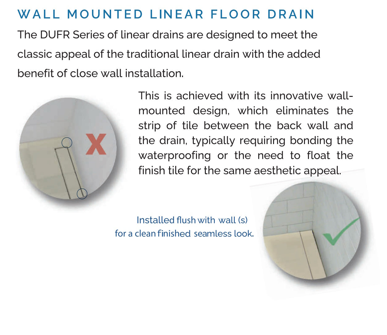 66 Inch Wall-Mounted Linear Drain, Brushed Square Design, Backwall Flange
