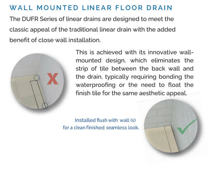 66 Inch Wall-Mounted Linear Drain, Brushed Square Design, Backwall Flange