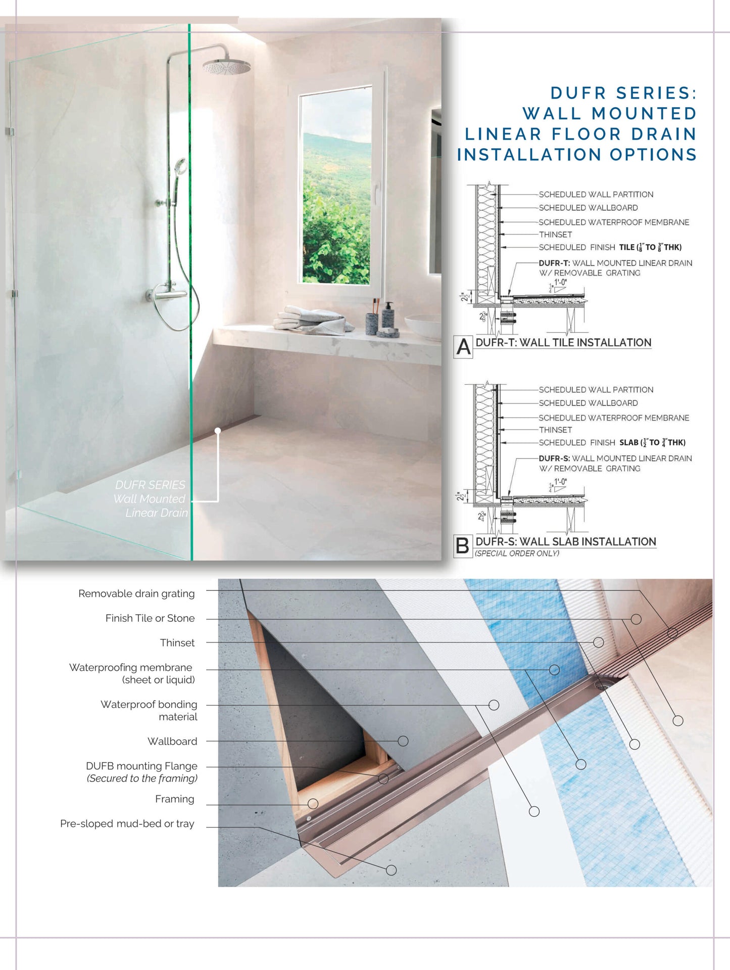 66 Inch Wall-Mounted Linear Drain, Brushed Square Design, Backwall Flange