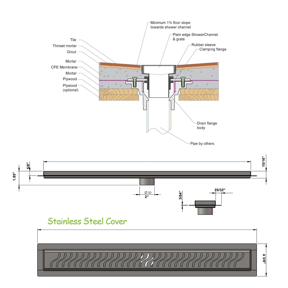 SereneDrains 35 Inch Linear Shower Drain – Polished Stainless Steel, Broken Lane Design