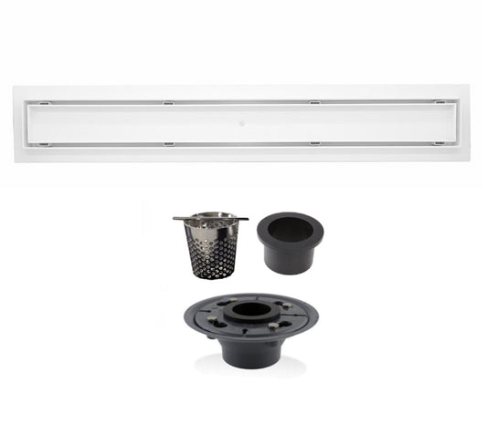 Matte White Tile Insert Linear Shower Drain Kit with Hair Trap and Flange Base