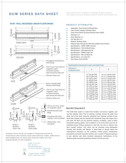 Wall Recessed Linear Drain, 41 Inch Tile-in Shower Wall Drain Flangeless Design