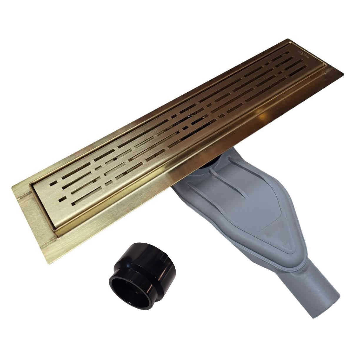 SereneDrains Satin Gold Linear Drains with Horizontal Side Outlet Discharge