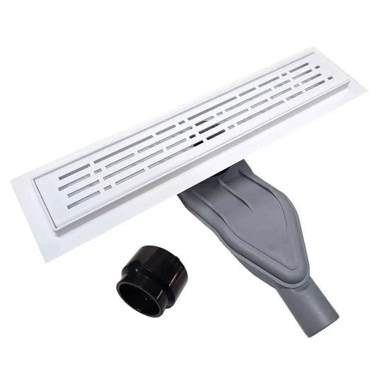 SereneDrains Shower Drain Side Outlet Adapter with Matte White Linear Drain Kit