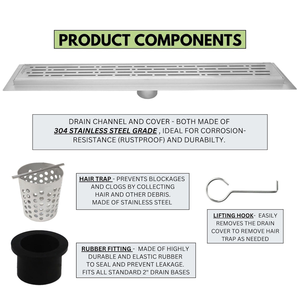 90 Inch Linear Shower Drain Kit with Hair Trap and Flange Base, SereneDrains
