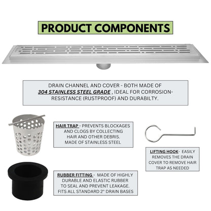 90 Inch Linear Shower Drain Kit with Hair Trap and Flange Base, SereneDrains