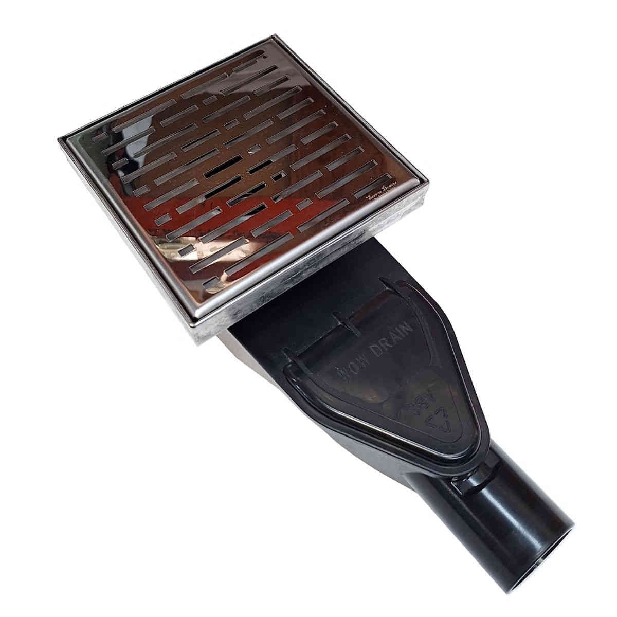 ABS Horizontal Side Discharge Drain Reducer for PVC Base Pipe and P-Trap, with 6 Inch Polished Square Shower Drain