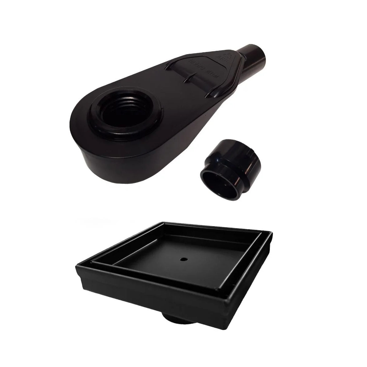 Side Discharge Drain Reducer for PVC Base Pipe & P-Trap with Tile Insert Square Drain in Matte Black