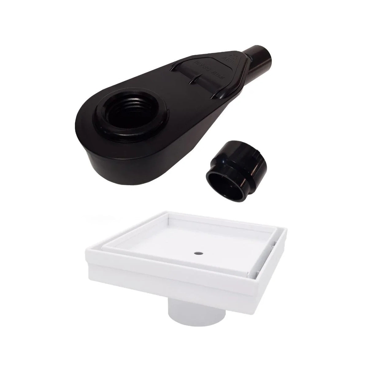 Side Discharge Drain Reducer for PVC Base Pipe & P-Trap with Tile Insert Square Drain in Matte White