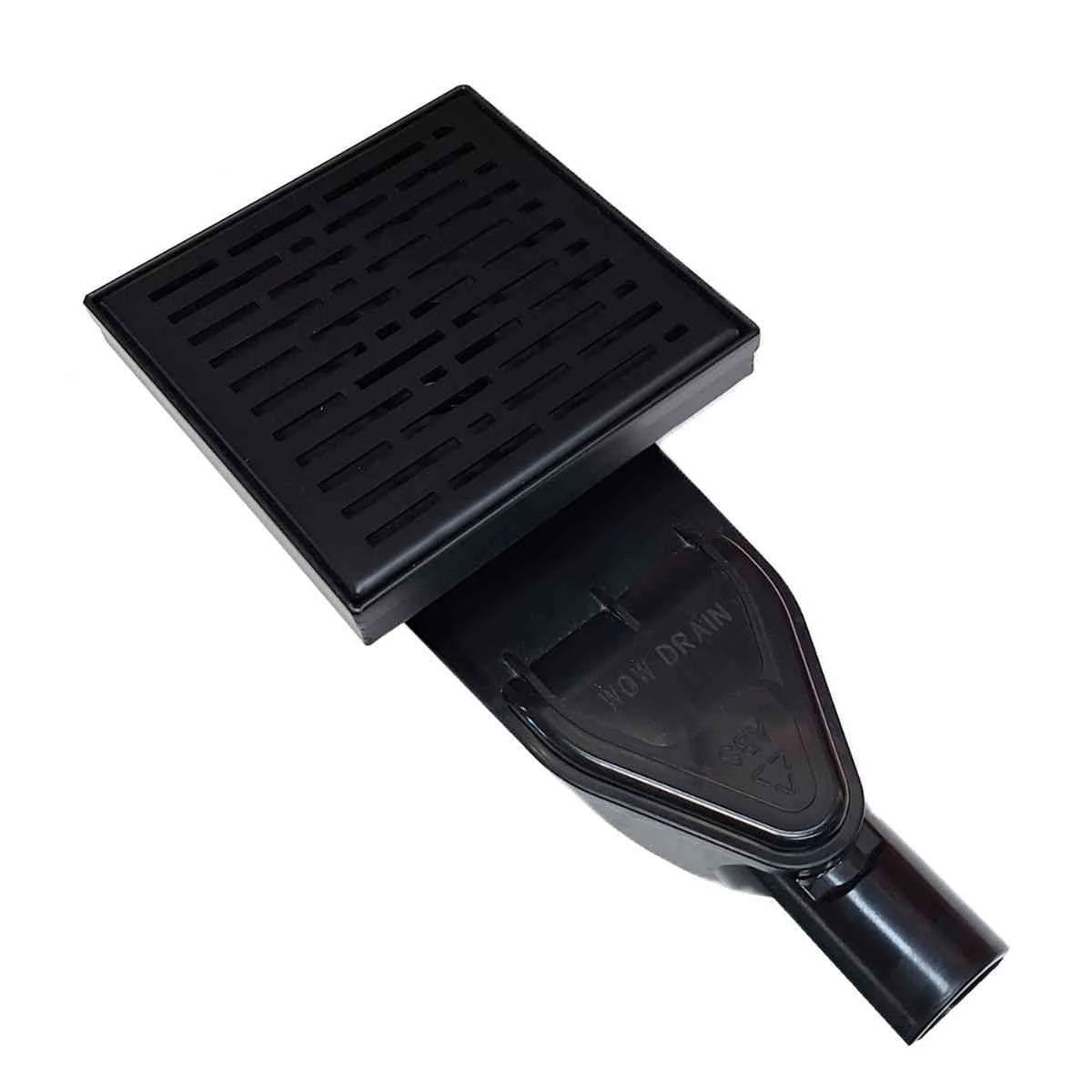 ABS Horizontal Side Discharge Drain Reducer for PVC Base Pipe and P-Trap, with 6 Inch Matte Black Square Shower Drain