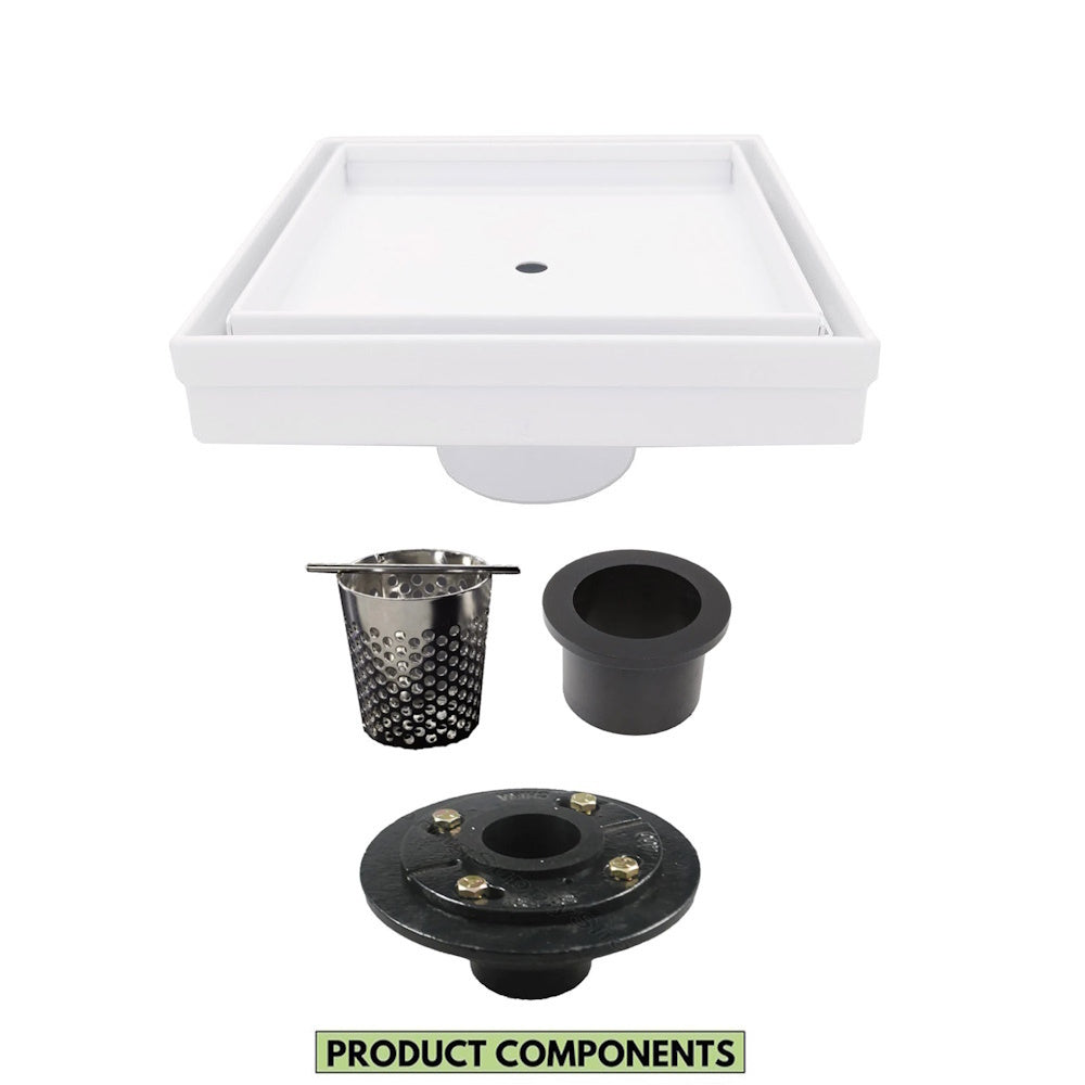 5 Inch Matte White Tile Insert Square Shower Drain with Hair Trap and Base Flange Kit