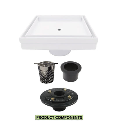 5 Inch Matte White Tile Insert Square Shower Drain with Hair Trap and Base Flange Kit